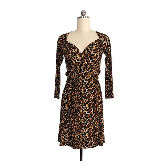 Normal Kamali Wrap Dress M Brown Short Leopard Animal Print Work Career Sleeve - Picture 2 of 12